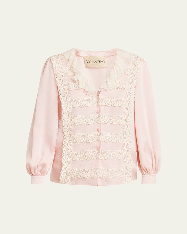 Ruffle V-Neck Lace Trim Silk Shirt